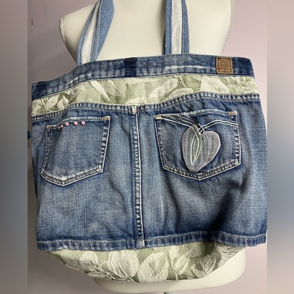 Handmade Upcycled Denim Shoulder Bag/Tote, Blue/Green, Handstitched, Lined - Picture 3 of 6